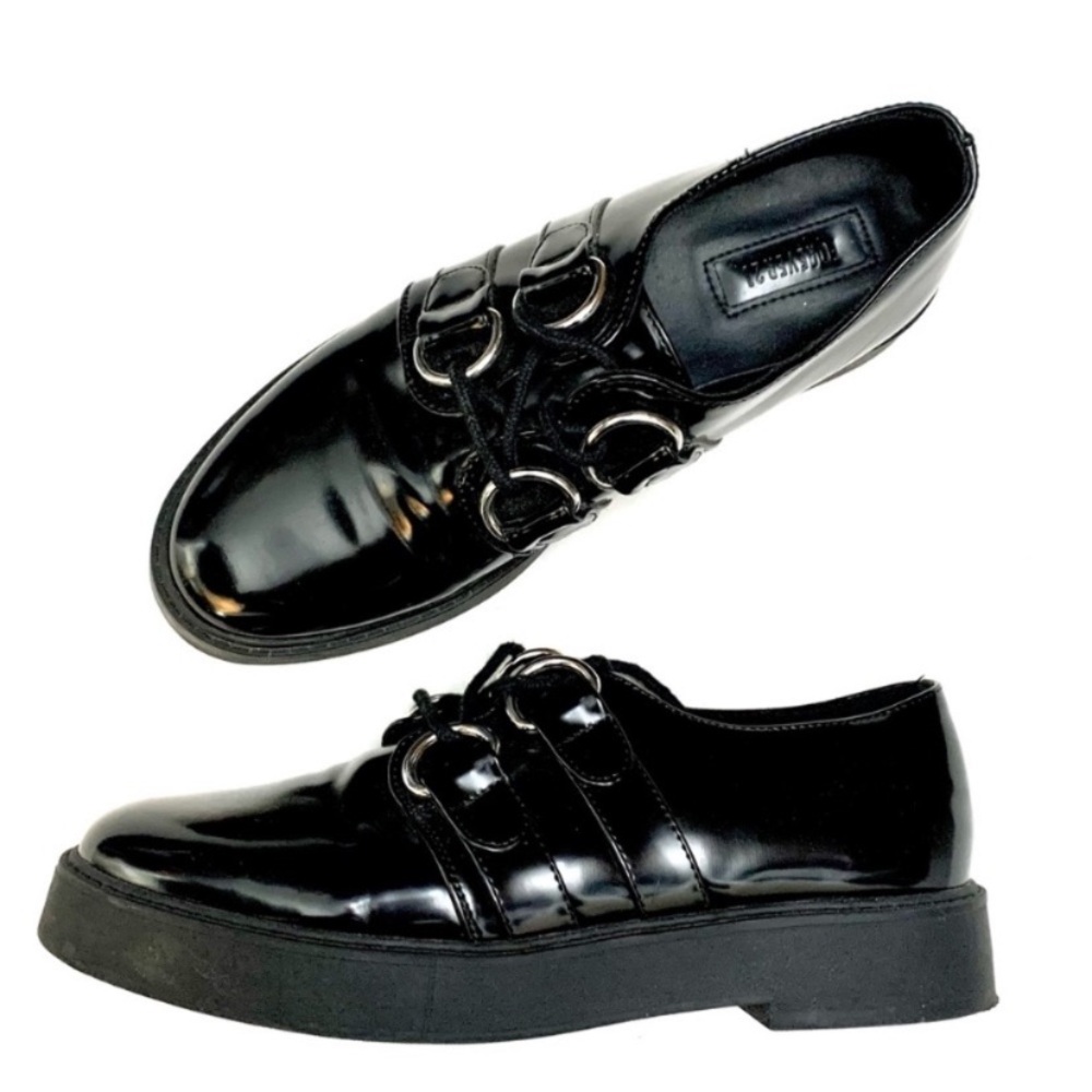 Black Patent Lace-up Buckled D-Ring Oxfords- 8